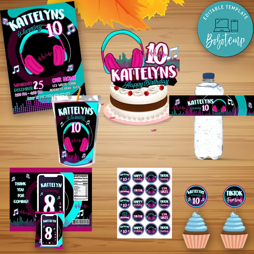 TikTok Birthday Party Supplies Set Templates Printable DIY | Bobotemp