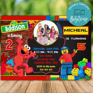 Printable Elmo and Lego Joint Twins Birthday Invitations Instant Download