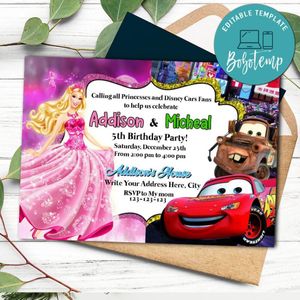 Barbie Princess and The Disney Cars Twins Birthday Flyer Printable Instant Download