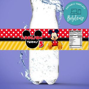 Mickey Mouse Birthday Water Bottle Label Template to Print at Home Instant Download