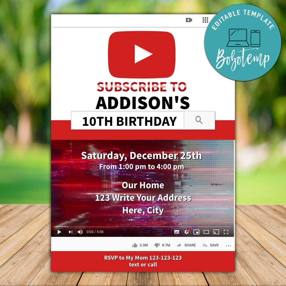 Printable Youtube Birthday Invitation Template Instant Download Bobotemp