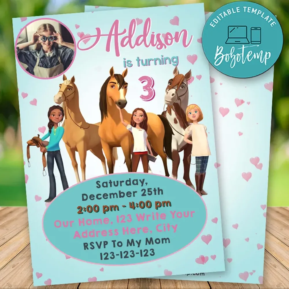 Editable Spirit Riding Free Birthday Invitations With Photo DIY | Bobotemp