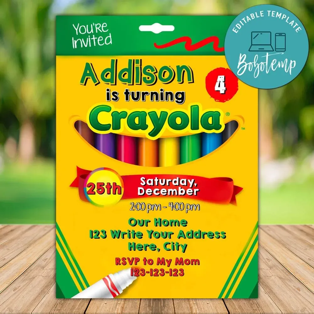 Editable Crayon Birthday Party Invites Instant Download | Bobotemp