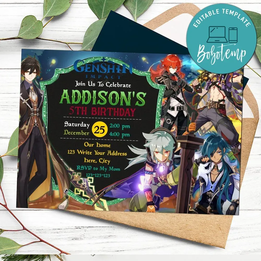 Genshin impact Boy Birthday Invitation Customizable Template DIY Bobotemp