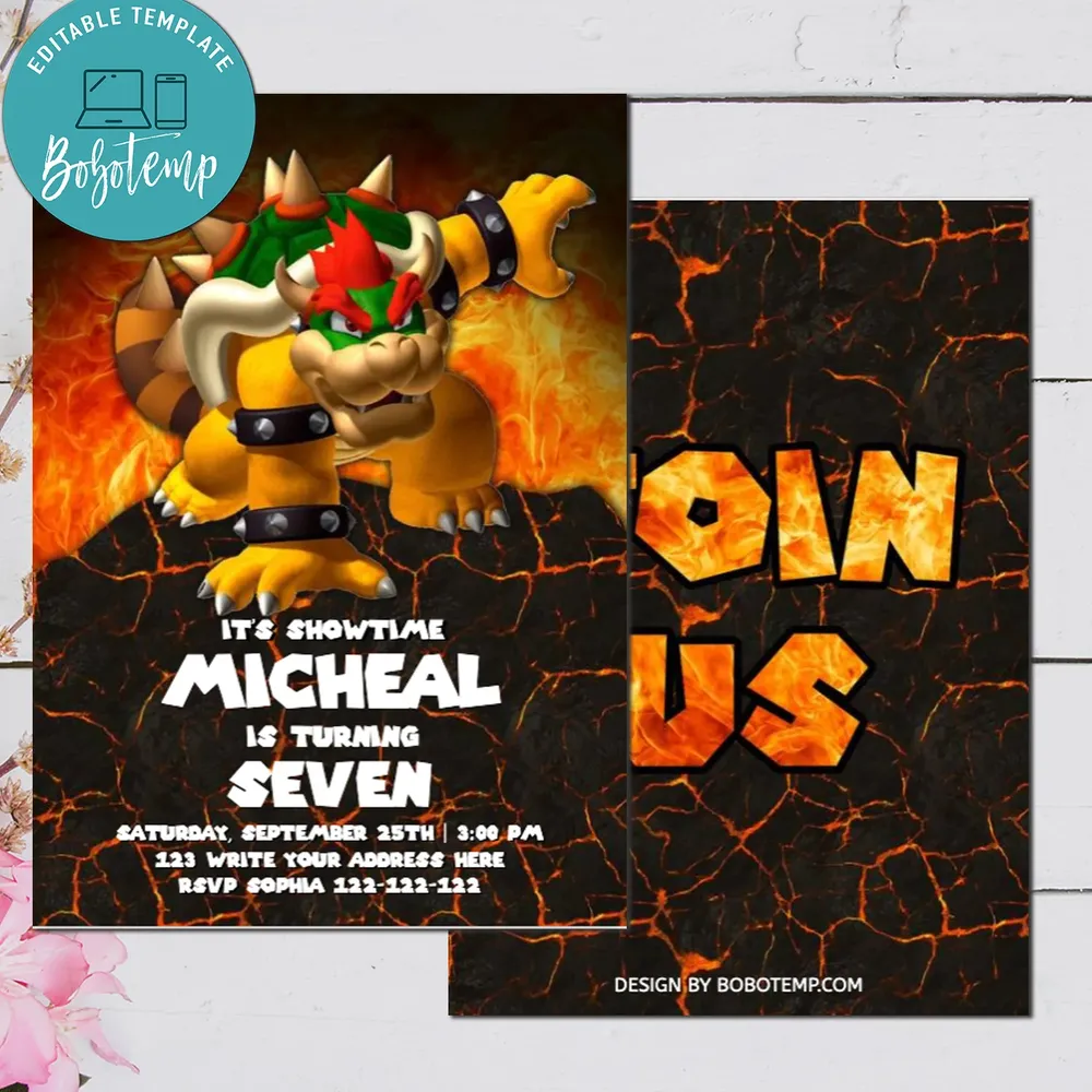 Editable Bowser Super Mario Bros Birthday Invitation Digital File Editable Bowser Super Mario Bros