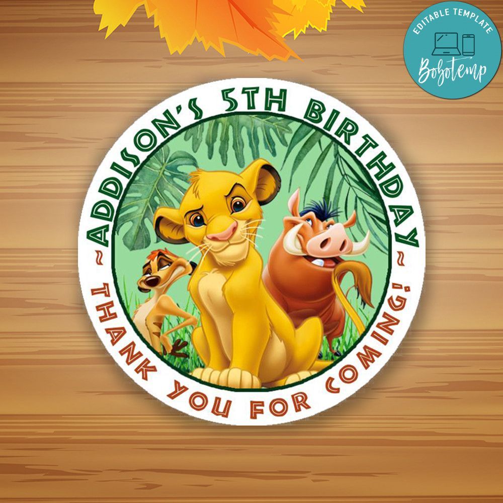 Custom Lion King Birthday Round Sticker Label digital template to print at home Instant Download