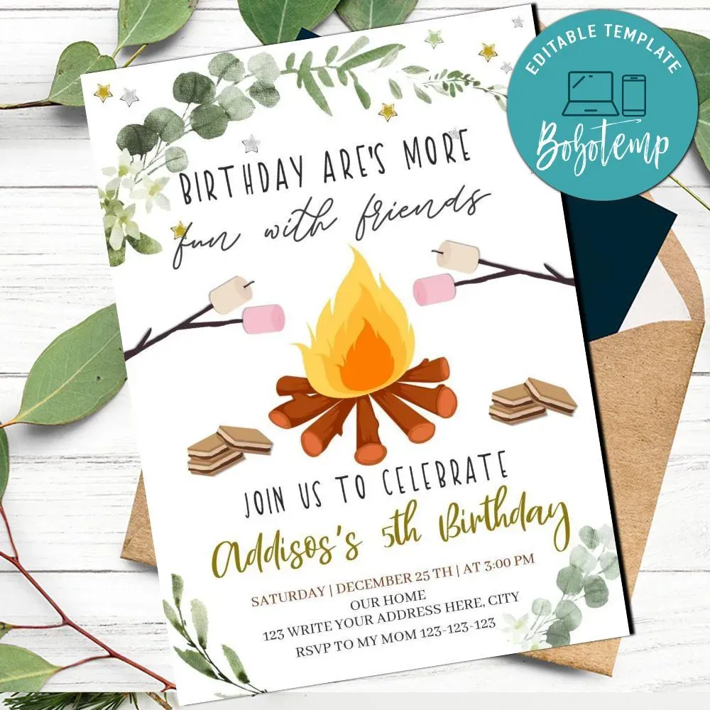 Printable Camping Birthday Party Invitation Template DIY | Sunmily