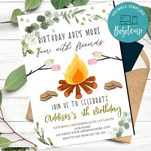 Printable Camping Birthday Party Invitation Template DIY | Bobotemp