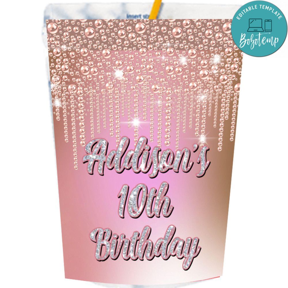 Pink Gold Pearls Diamonds Capri Sun Labels Digital File Printable Instant Download