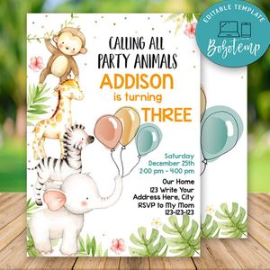 Editable Wild One Animals Birthday Invitations Instant Download