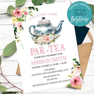 Floral Tea Party Baby Shower Invitation to Print at Home Instant Download