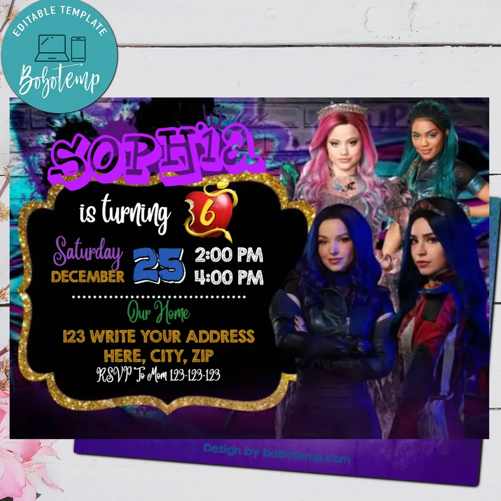 Editable Girl Descendants 3 Birthday Invitation Instant Download