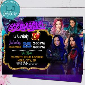 Editable Girl Descendants 3 Birthday Invitation and Free Thank You Card Instant Download