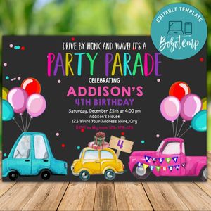Printable Drive By Pink Birthday Parade Invitation and Free Thank You Tag Instant Download
