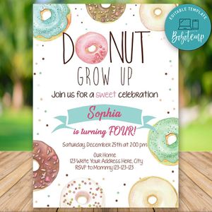 Printable Donut Grow Up 4th Birthday Invitation Instant Download
