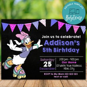 Printable Daisy Duck Roller Skating Birthday Party Invitation Instant Download