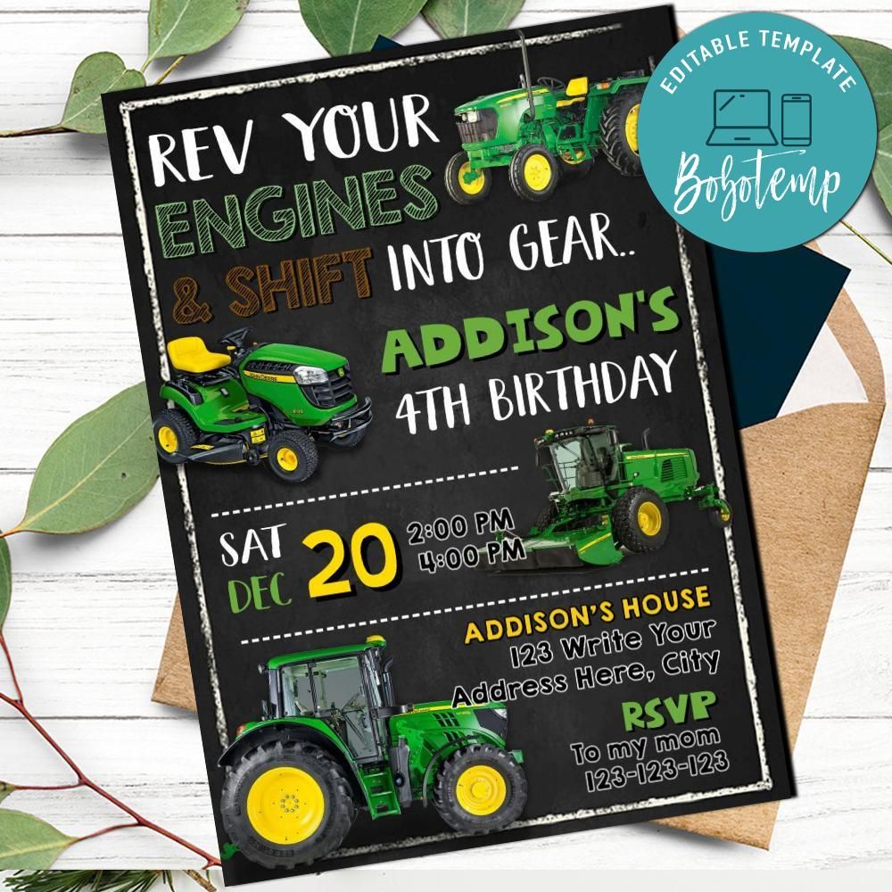 Tractor Birthday Invitation Customizable Template DIY Bobotemp