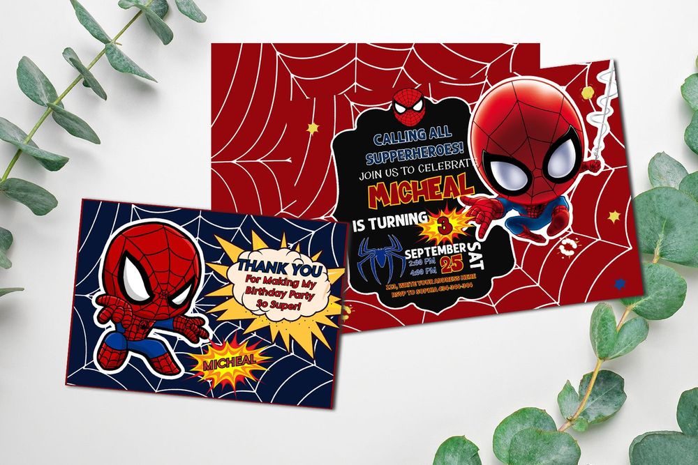 Amazing Party Spiderman Chibi Invitation and Free Thank You Card