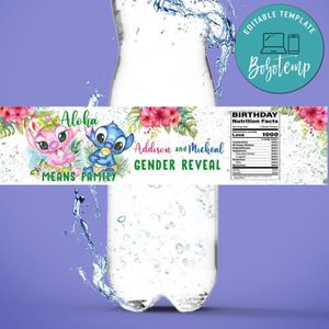 Stitch gender reveal Water Bottle Label Template to Print at Home Instant Download