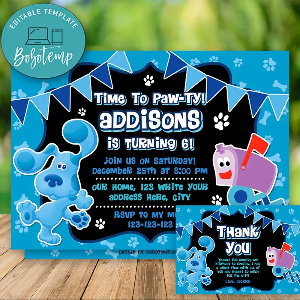 Editable Blues Clues Party Invitation And Free Thank You Card Diy Editable Blues Clues Party Invitation