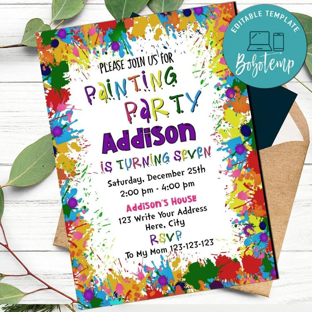 Paint Splatter Invitation Customizable Template Instant Download | Bobotemp