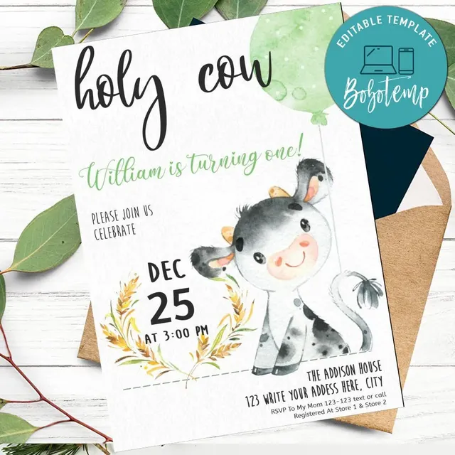 Holy cow Birthday Invitation Customizable Template DIY | Bobotemp for Free Printable Cow Birthday Invitations