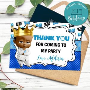 Black king Baby Boss Thank you card Template to Print at Home Instant Download