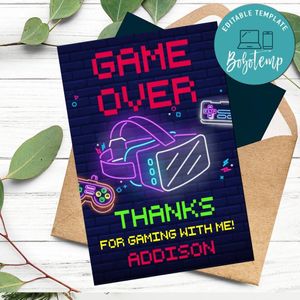 VR party Thank you card Template to Print at Home Instant Download