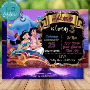 Editable Aladdin princess jasmine invitation Instant Download