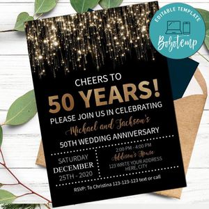Gold Sparkle 50th Anniversary Invitation Printable Instant Download