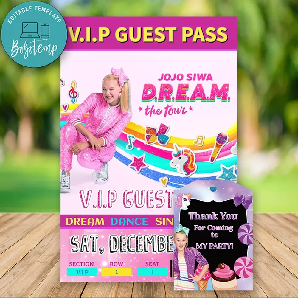 Editable Jojo Siwa VIP Guest Pass Instant Download | Bobotemp