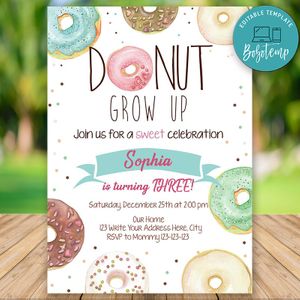 Printable Donut Grow Up 3rd Birthday Flyer Instant Download