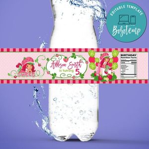 Strawberry shortcake Water Bottle Label Template to Print at Home Instant Download