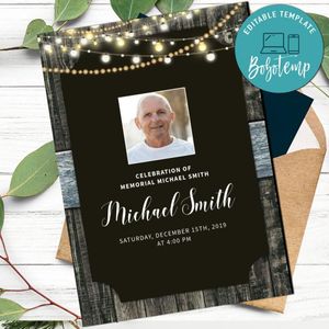 Printable String Lights Wood Memorial Card Template Instant Download