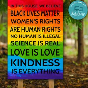 In This House We Believe Black Lives Matter Rainbow Yard Sign Template to Print at Home Instant Download
