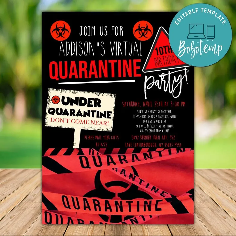 Printable Red Quarantine Birthday Invitation Instant Download Bobotemp
