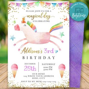 Printable Magical Unicorn Flyer 3rd Birthday Flyer Instant Download