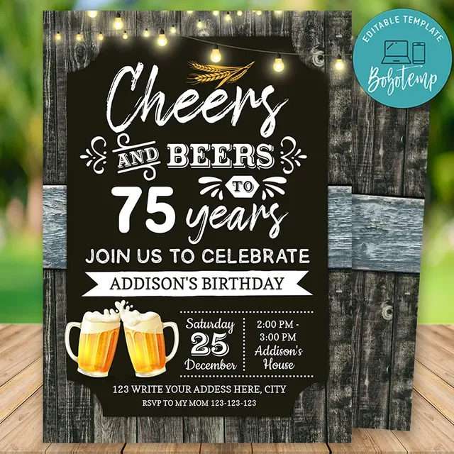 Printable 75th Cheers and Beers Birthday Party Invitation DIY | Bobotemp for Free Printable 75th Birthday Invitations