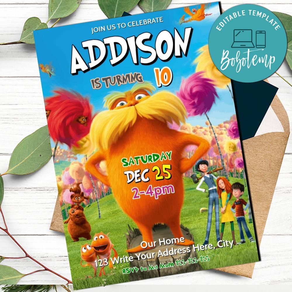 Lorax Birthday Invitation Template to print at home | Bobotemp