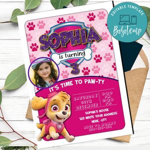 Editable Skye Paw Patrol Birthday Invitations With Photo Instant Download