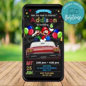Mobile Super Mario Drive By Birthday Parade Electronic Invite Invitation Template Instant Download