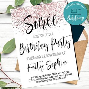 Rose Gold Soirée Birthday Flyer Printable Instant Download