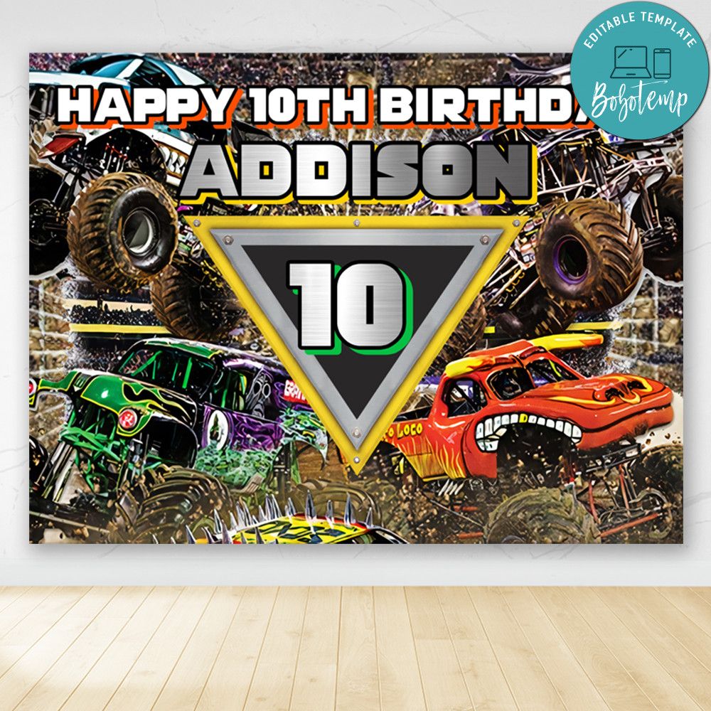 Printable Monster truck Birthday Backdrop Digital File DIY | Bobotemp