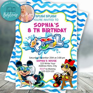 Editable Mickey and Minnie Mouse Pool Party Invitation With Photo Instant Download