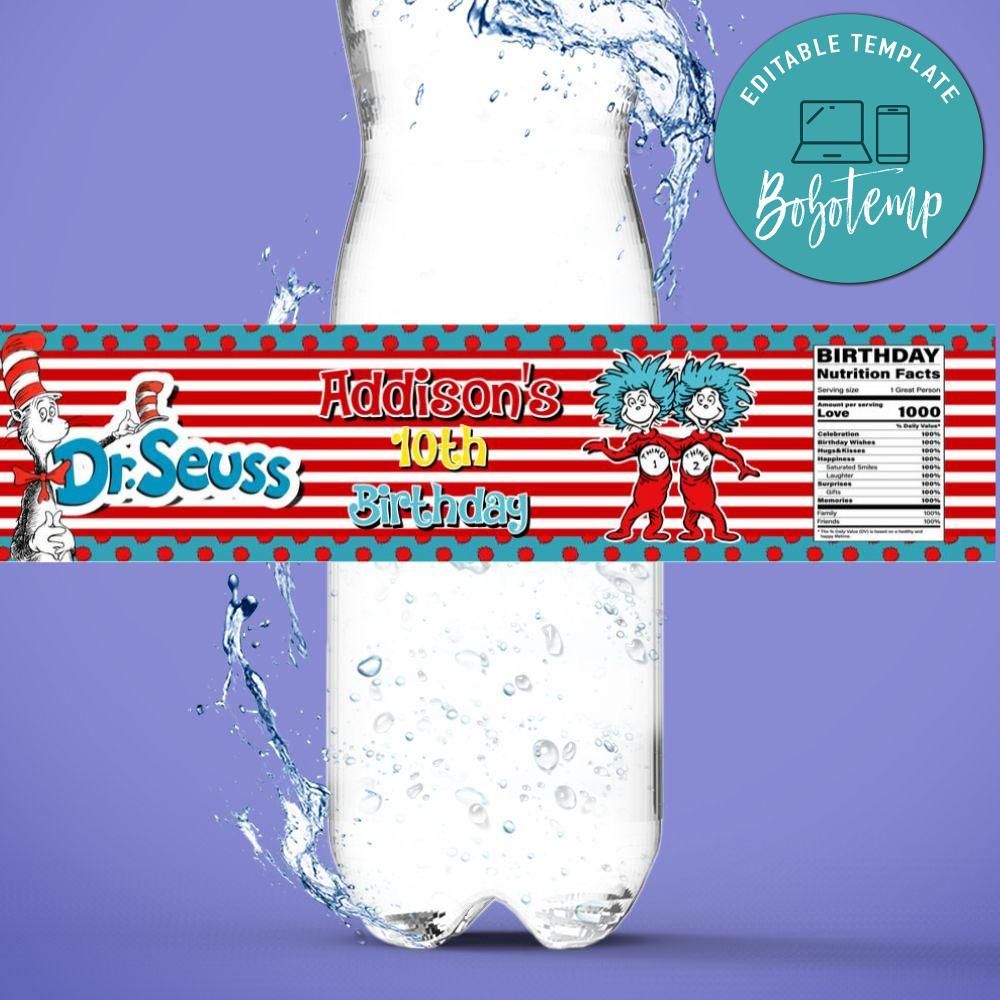 Dr. Suess Birthday Water Bottle Label Template DIY | Bobotemp