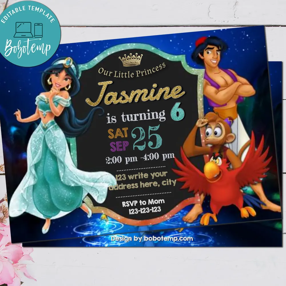 Editable Aladdin Princess Jasmine Birthday Party Invitation Diy Bobotemp