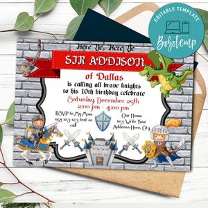 Knights and dragons Birthday Invitation Template to Print at Home Instant Download