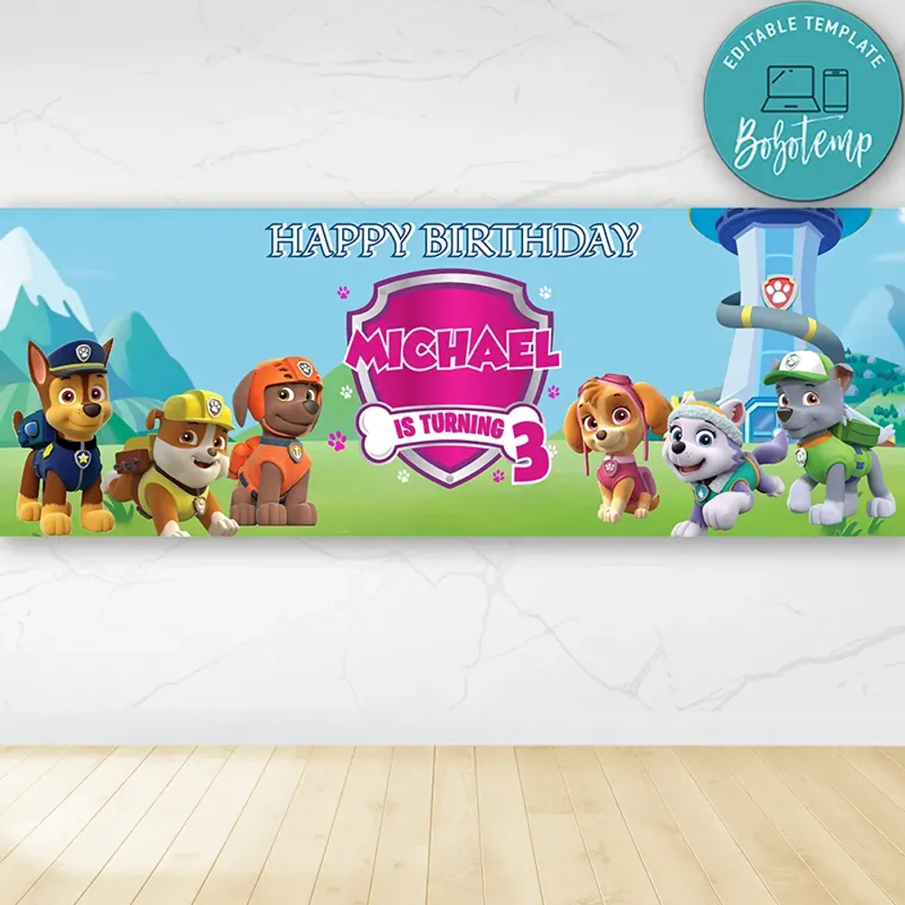 Girl Paw Patrol Birthday Banner Printable Instant Download | Bobotemp