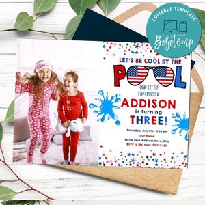 4th July Photo Pool Party Invitation Template to Print at Home Instant Download