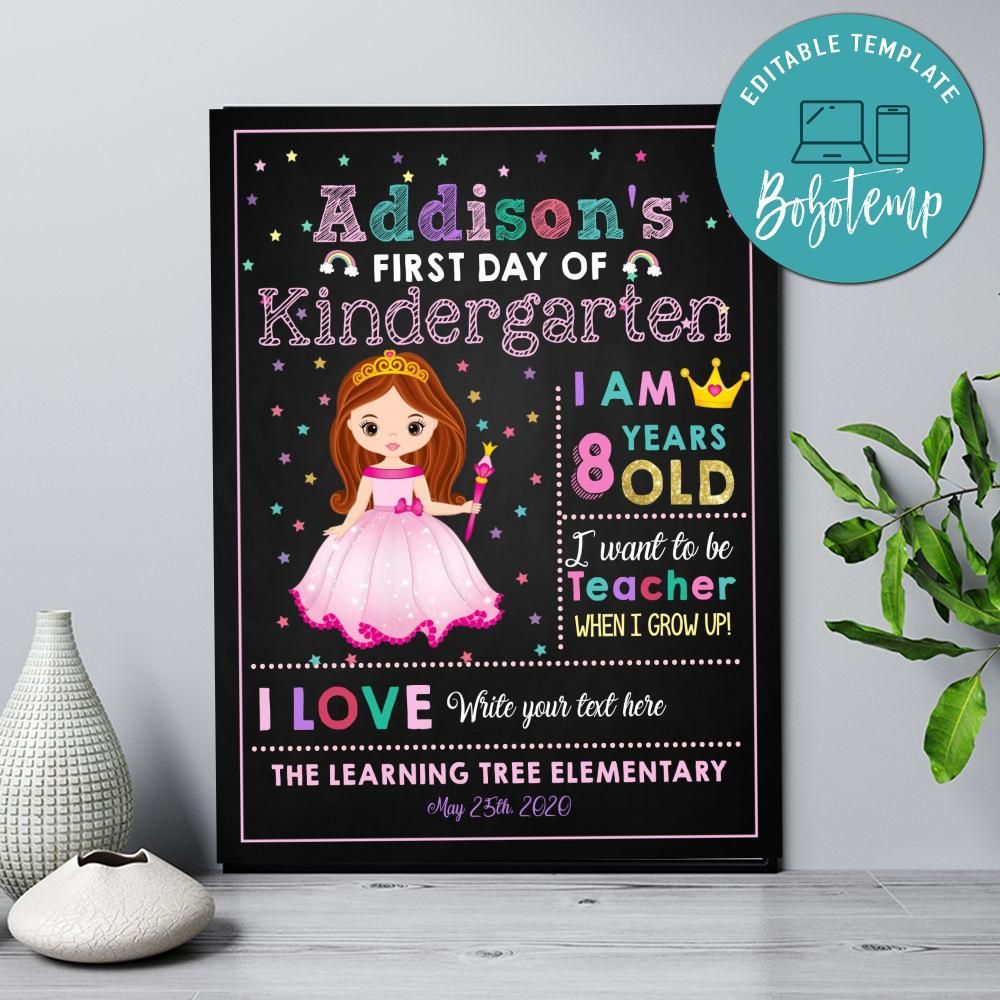 Princess First Day of Kindergarten Chalkboard Sign Printable